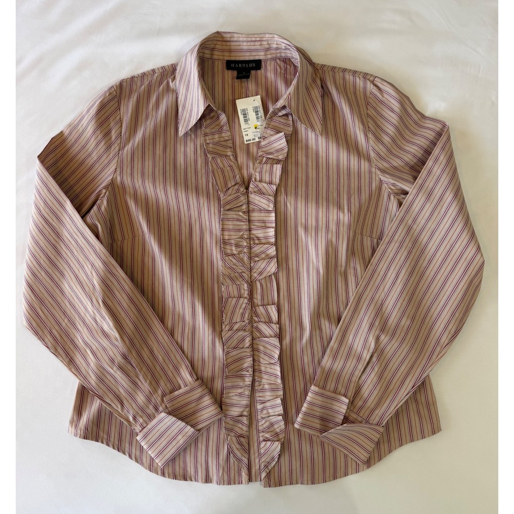 Vintage Striped Ruffle Front Button Down Shirt Blouse Harold's Khaki 14 NWT